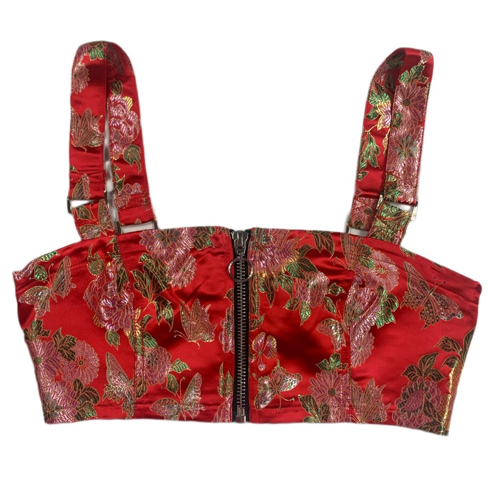 Current Mood Red Floral Satin Scarlet Destination Anywhere Brocade Tank